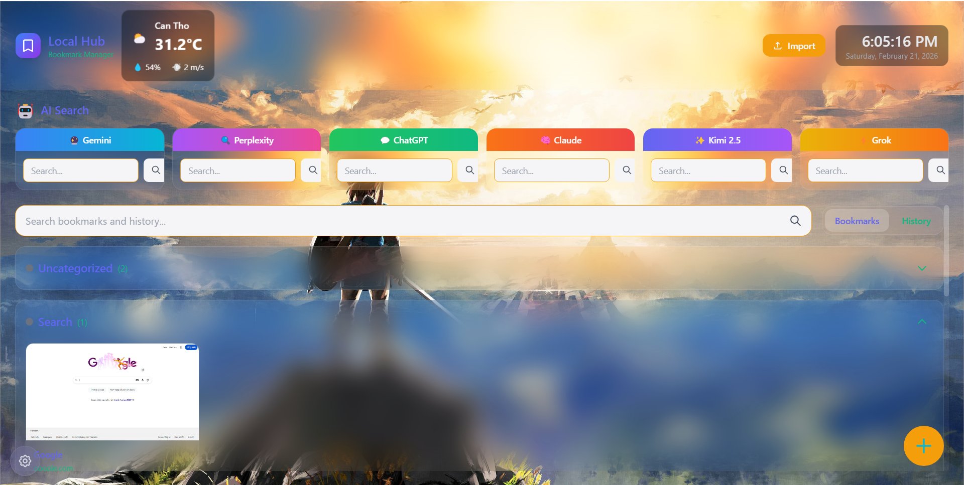Curio bookmark manager interface showing local hub, AI search, multi-LLM integration, and bookmarks organization